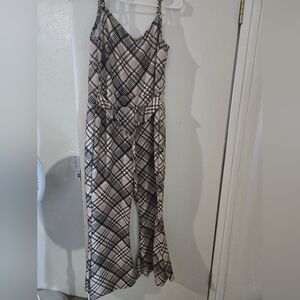 XL J for Justify Blue and Cream Plaid Jumpsuit , Built In Belt